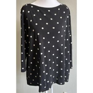 Lands End Womens Polka Dot Shirt 2X Cotton Knit Black White Boat Neck Plus Size